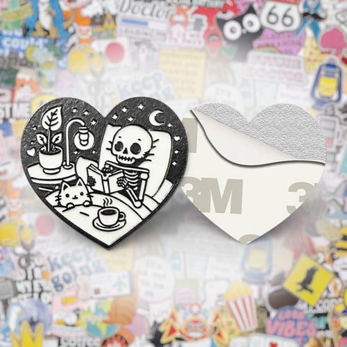 Cozy Skeleton Reading Metal Phone Sticker with 3M Sticky Backing - StickyPins