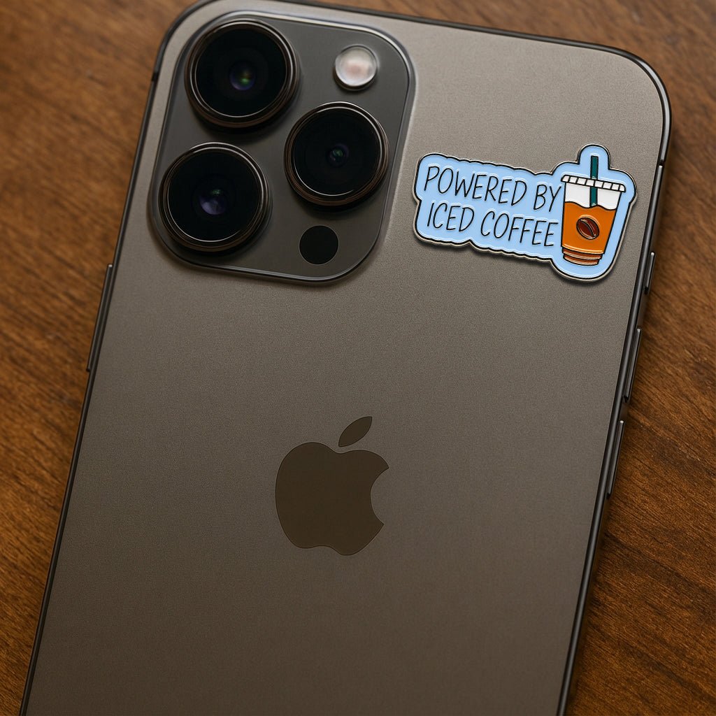 Powered By Iced Coffee Metal Phone Sticker With 3M Sticky Backing - StickyPins